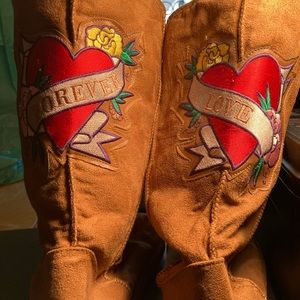Suede Rawhide feel boots with Love Forever embroidered on back size 10 like new